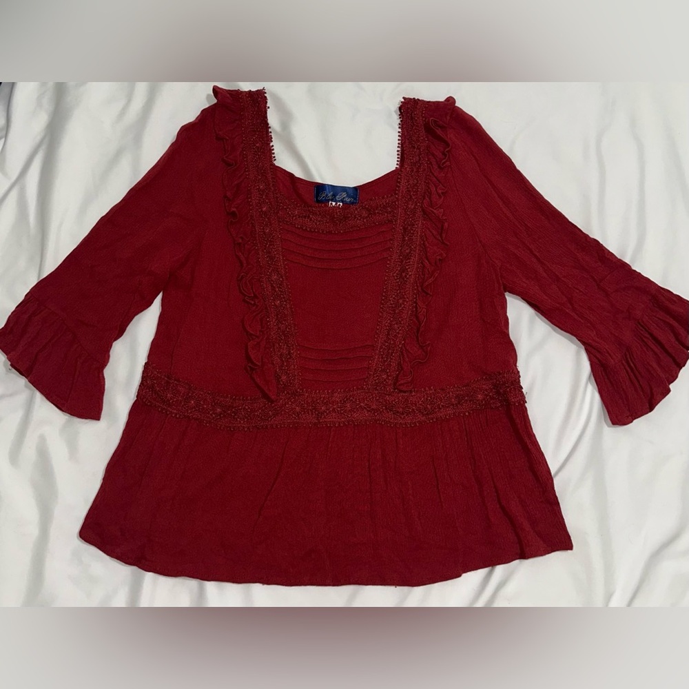 Red Ruffle Detail Top – Quarter Sleeve